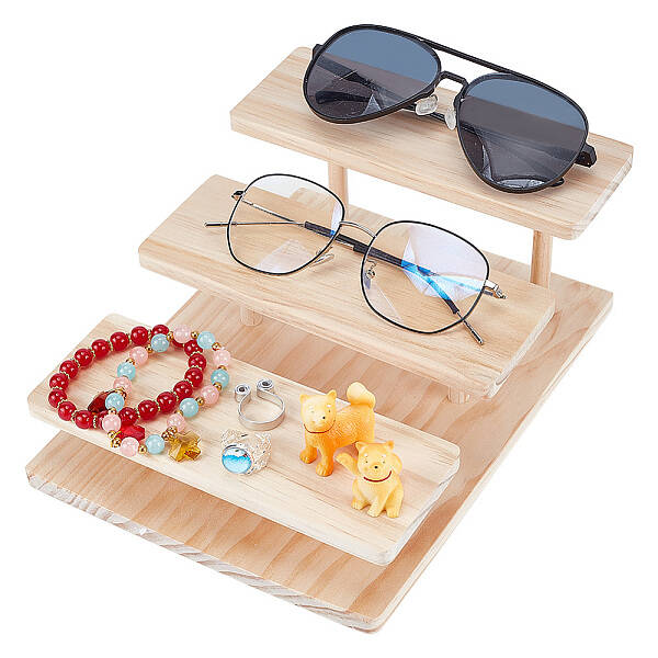 3-Tier Pine Wood Eyeglass Display Risers
