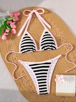 Two-Piece Set Women's Striped Print Bikini Set, Casual Removable Strapless Swim Top & Tie Side Swim Bottom, Ladies Swimsuit f...