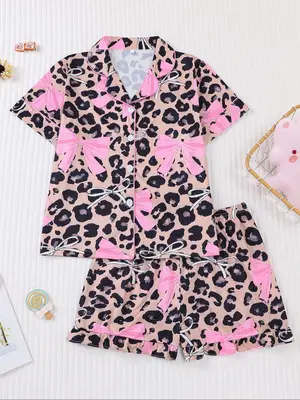 Children's 2-piece pajamas set, new summer casual comfortable children's pajamas, sweet and cute leopard and bowknot pattern,...