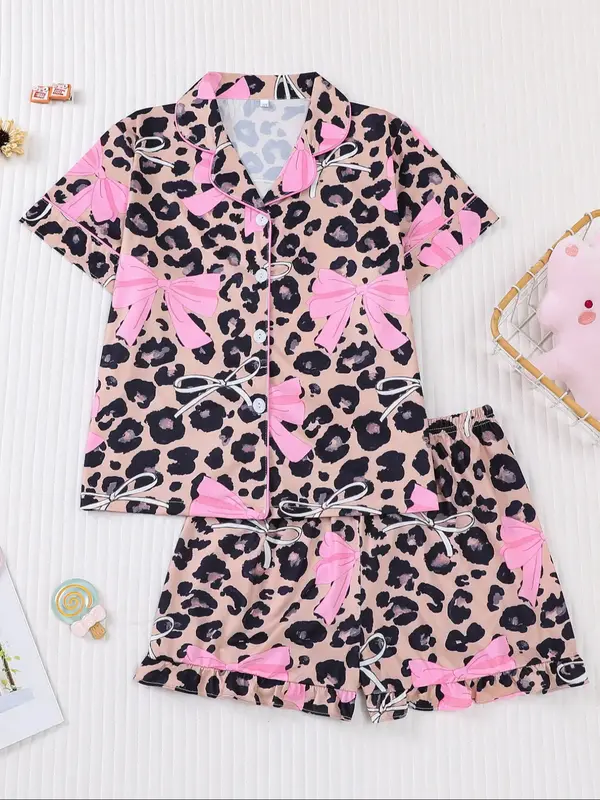 Children's 2-piece pajamas set, new summer casual comfortable children's pajamas, sweet and cute leopard and bowknot pattern,...