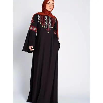 100% polyester elegant embroidered kaftan dress for women-crew neck long sleeve maxi length-woven fall/winter clothing Black ...