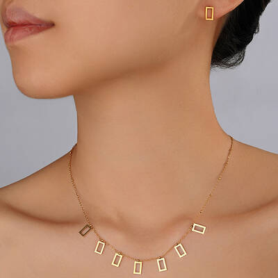 Fashionable 18K Gold Plated Stainless Steel Rectangle Pendant Necklace & Stud Earrings Set for Women