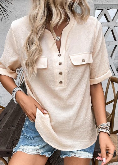 Modlily Light Camel Button Half Sleeve Split Neck Blouse - XXL