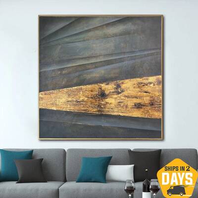 Extra Large Abstract Gray Paintings On Canvas Original Textured Gold Fine Art Hand Painted Oil Painting | NEW REFUGE 46"...