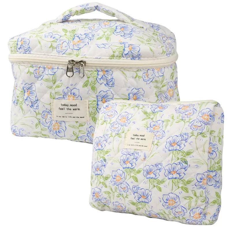 Cute Makeup Bag for Women(2 Pcs), Travel Cosmetic Bags, Quilted Coquette Aesthetic Floral Toiletry Organizer Bag
