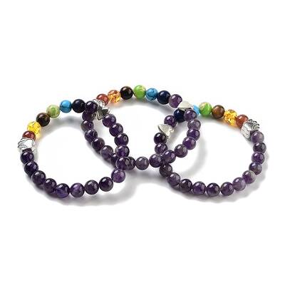 Chakra Round Natural Amethyst Beaded Stretch Bracelets