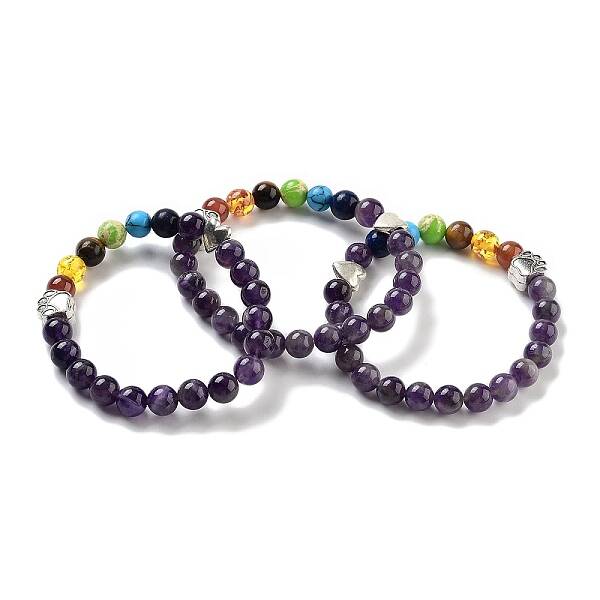 Chakra Round Natural Amethyst Beaded Stretch Bracelets