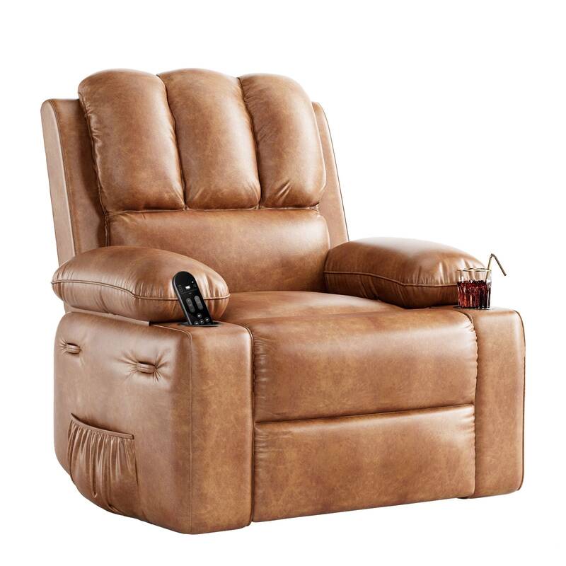 Garvee Manual Leather Recliner Chair with 2 Cup Holders, Side Pocket, PU Leather, Overstuffed Armrests, Iron Frame, Living Ro...