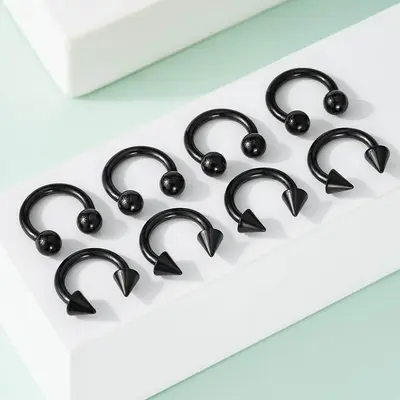 8Pcs Basic Horseshoe Septum Ring Set - Black / 16G/1.2mm / 10mm