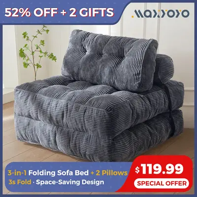 MAXYOYO Corduroy Folding Sofa Bed, Convertible Sleeper Chair with Pillow Foldable Mattress with Back Support; Single & Double...