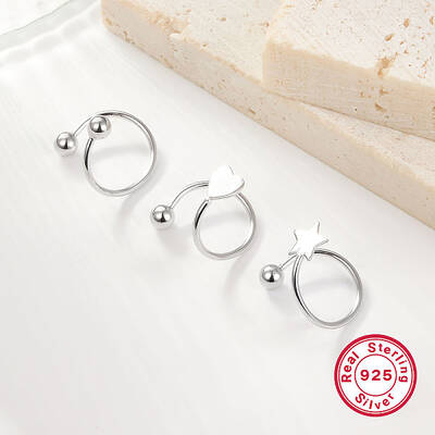 S925 Silver Heart Star Round Bead Cuff Earrings