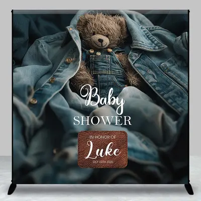 Aperturee Denim Jacket Bear Custom Name Baby Shower Backdrop - Aperturee
