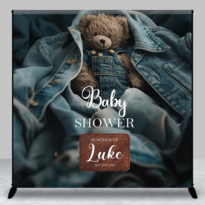 Aperturee Denim Jacket Bear Custom Name Baby Shower Backdrop - Aperturee