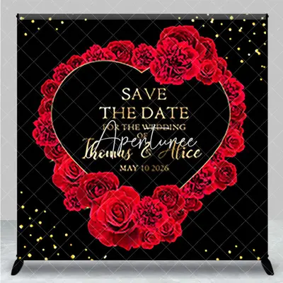 Aperturee Black Red Rose Heart Custom Name Wedding Backdrop, 3X3FT(1X1M), 15 USD, custom wedding backdrops, DZYM0Z34-O