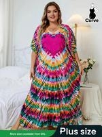 【Plus Size】 Women's All Over Print Batwing Sleeve V Neck Dress, Muumuu Dress, Boho Casual Half Sleeve Long Dress for Dail...