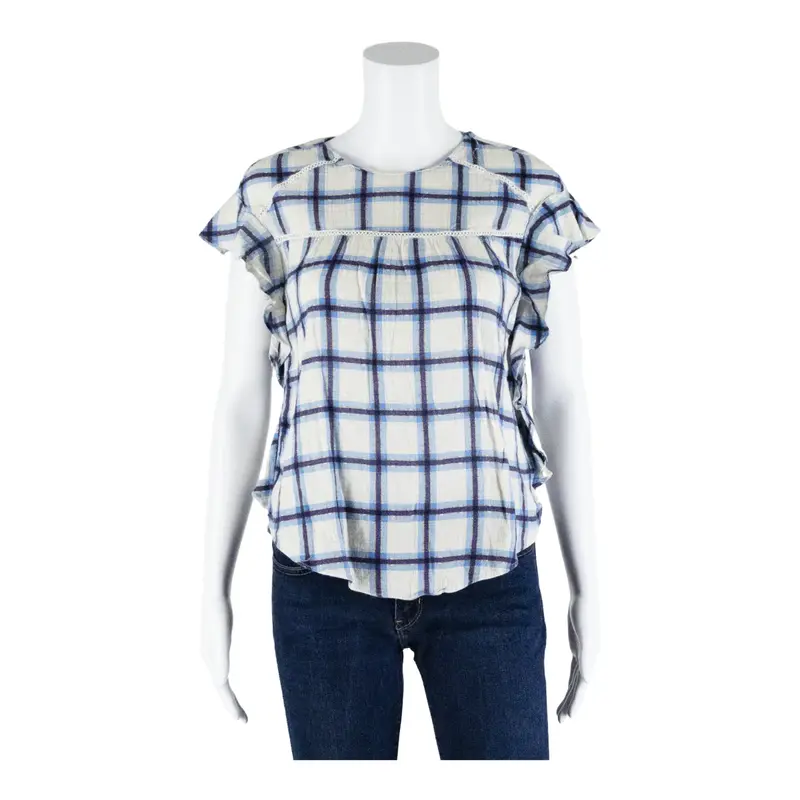 ZARA Top Blue Check Short Sleeve Womens XS