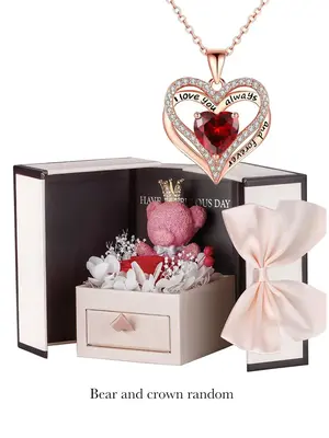 Summer 2024 Rhinestones Heart Shaped Pendant Necklace with Red Immortal Flower & Bear Gift Box, Fashion Teen Girl Accessories...