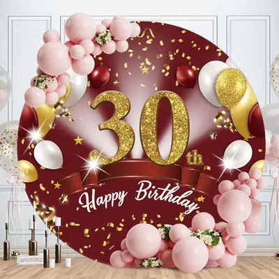 Aperturee Red Gold Glitter Balloon Round 30Th Birthday Backdrop