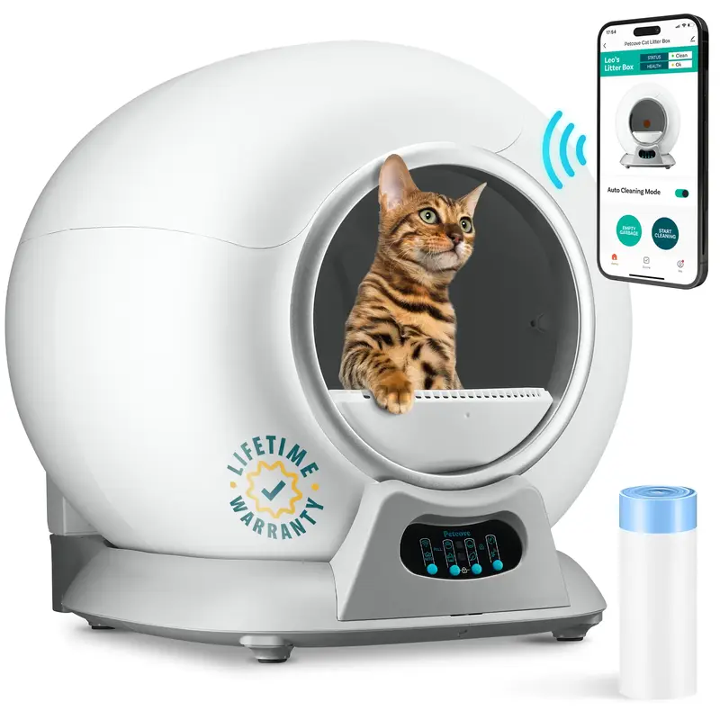 PetCove Smart APP-Controlled Automatic Litter Box for Multiple Cats – Anti-Pinch Design & Sensors, Odor Removal, Health Mon...