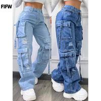 FIFW 2025 New Fashionable Solid Color All-Matching plus Size High Waist Multi-Pocket Leisure Cargo Denim Trousers for Women P...