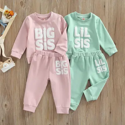 Baby Girl Sister Matching Outfit Long Sleeve Lil/Big Sis Letter Print Sweatshirt Top and Pants 2Pcs Fall Winter Clothes Casua...