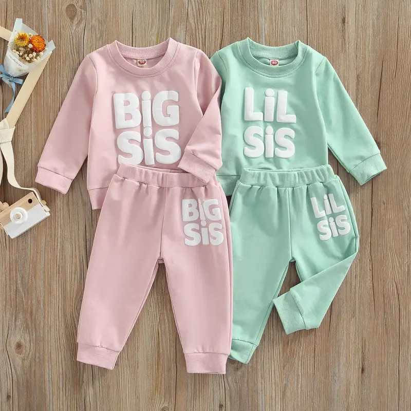 Baby Girl Sister Matching Outfit Long Sleeve Lil/Big Sis Letter Print Sweatshirt Top and Pants 2Pcs Fall Winter Clothes Casua...