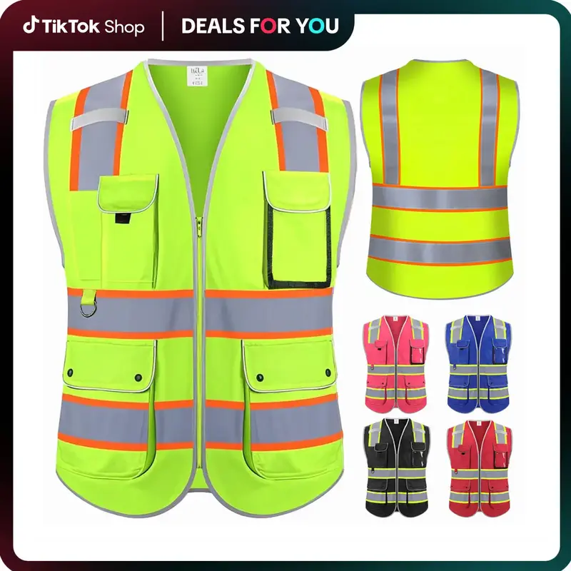 Reflective Safety Vest for Men Women, High Visibility Safety Vest with 8 Pockets Zipper Front, Meets ANSI Standards High Visi...