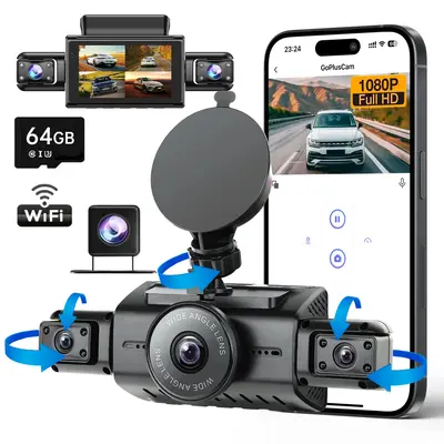 4-Lens Car Camera with 64GB Memory Card, Car DVR 3.0 Inch Night View Car Recorder, Wifi Car Dashcam, 1 Set 360° Swivel Came...