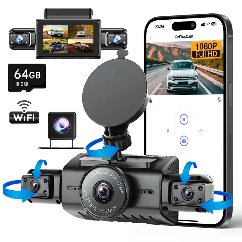 4-Lens Car Camera with 64GB Memory Card, Car DVR 3.0 Inch Night View Car Recorder, Wifi Car Dashcam, 1 Set 360° Swivel Came...