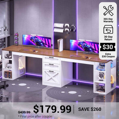 SEDETA | 96.5 Inch Farmhouse Computer Desk Gaming Double Desk with Drawers and Storage Shelves White Home Office Furniture