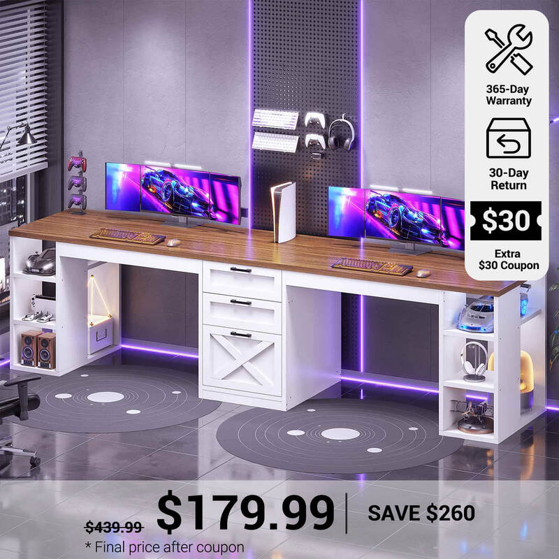 SEDETA | 96.5 Inch Farmhouse Computer Desk Gaming Double Desk with Drawers and Storage Shelves White Home Office Furniture