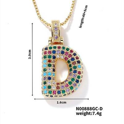 Brass Pave Colorful Cubic Zirconia Letter Pendant Box Chain Necklaces