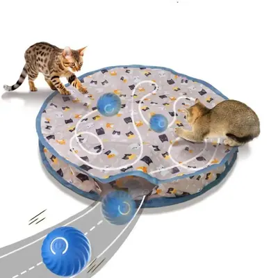 Interactive Cat Toy Set, 3 Counts/set Hide and Seek Game Interactive Cat Jumping Rolling Toy Ball & Play Mat, Stimulate Cat H...
