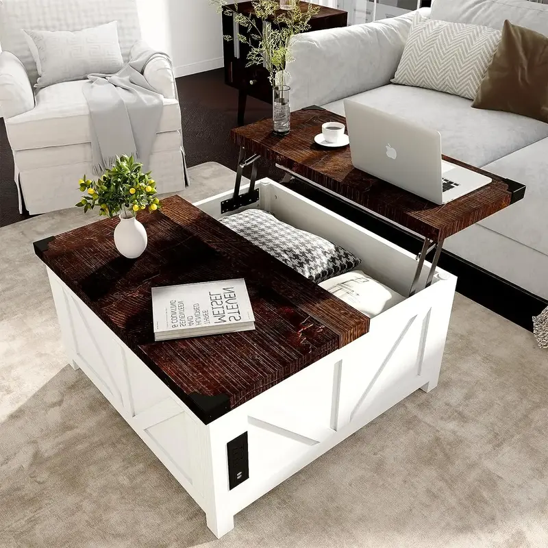 Farmhouse Coffee Table with Storage, Wood Square Center Table with Charging Station & USB Ports, Lift Tabletop Central Table ...