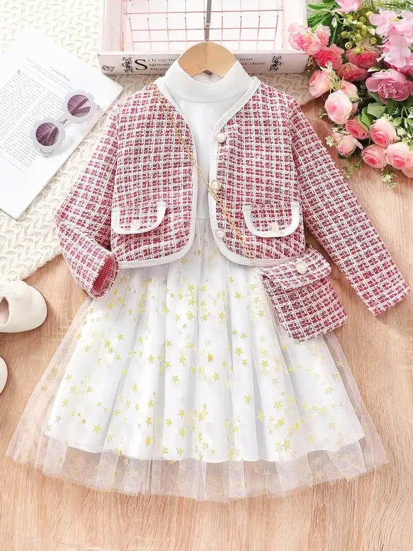 Three-piece Set Girl's Plaid Jacquard Jacket & Contrast Mesh A Line Dress & Chain Bag Set, Elegant Button Front Outerwear & L...