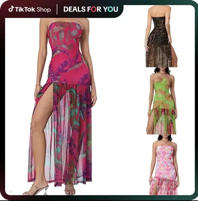 Women's Tube Top DressStrapless Backless Mesh Patchwork Tropical Leopard Print High Slit Long Dress for Party Club Night