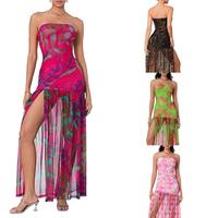 Women's Tube Top DressStrapless Backless Mesh Patchwork Tropical Leopard Print High Slit Long Dress for Party Club Night