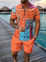 Men's Ethnic Pattern Short Sleeve T-shirt & Shorts Set, Regular Fit Casual Round Neck Shortsleeve Tee & Beach Shorts, Men's S...
