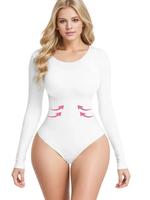 Women's Solid Scoop Neck Shapewear Bodysuit, Casual Comfort Long Sleeve Slimming Bodysuit, Lady Shapewear for Spring Fall, Wo...