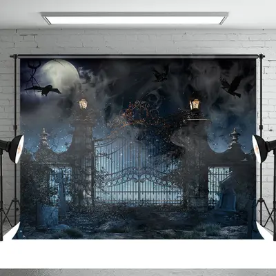 Horrible Bat With Foggy House Tomb Halloween Backdrop - Aperturee