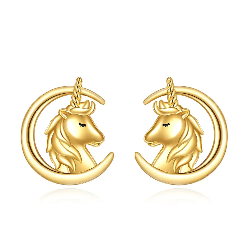 14K Gold Moon & Unicorn Stud Earrings