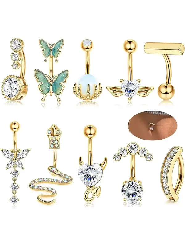 Women's Spring Luxury Rhinestone Butterfly & Snake Shape Belly Ring As Gift, 2024 New Style Body Piercing Body Jewelry Set, C...