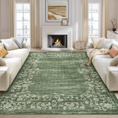 Garvee Washable Green Floral Bordered Rug 10x13 Non Slip Soft Polyester Durable Low Pile for Living Room Bedroom Dining