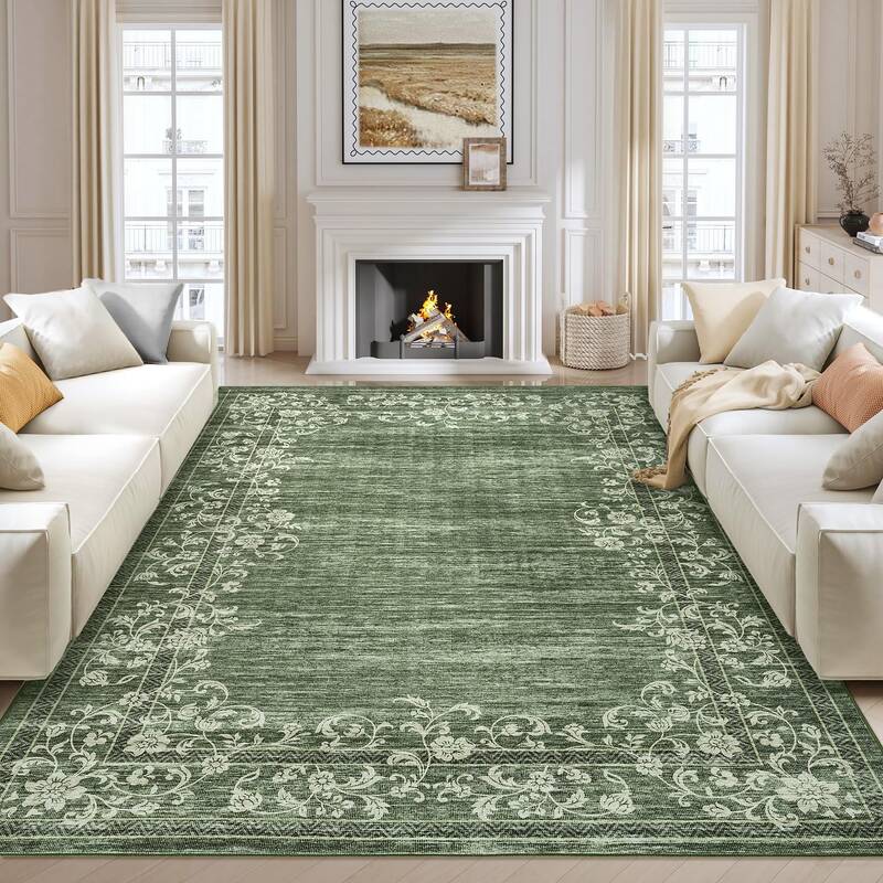 Garvee Washable Green Floral Bordered Rug 10x13 Non Slip Soft Polyester Durable Low Pile for Living Room Bedroom Dining