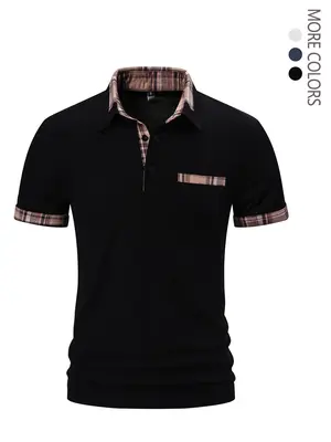 Men's Back To School Regular Fit Patchwork Print Contrast Binding Polo Shirt, Shirts for Men, Casual Short Sleeve Button Fr...
