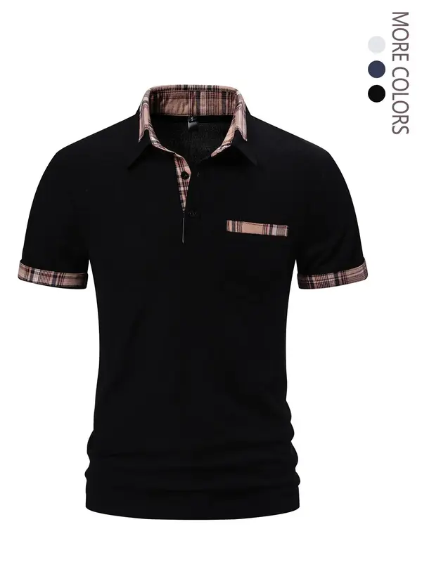 Men's Back To School Regular Fit Patchwork Print Contrast Binding Polo Shirt, Shirts for Men, Casual Short Sleeve Button Fr...
