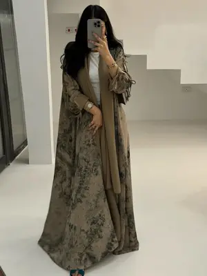 Elegant Double Layer Open Abaya with Headscarf, Abstract Tie Dye Pattern, Long Sleeve for All Seasons, Casual and Stylish Wom...
