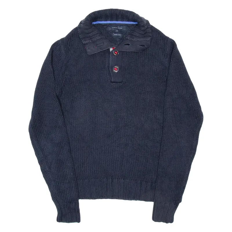 TOMMY HILFIGER Mens Jumper Blue Button Neck Chunky Knit M