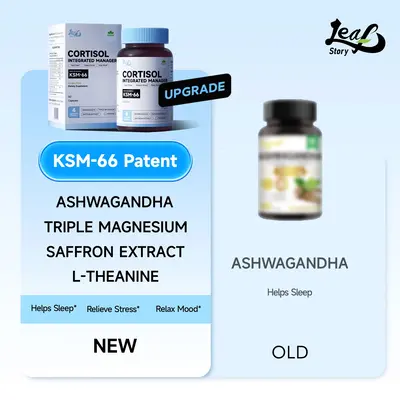 LeafStory Cortisol Supplement, 4 In 1 Cortisol Manager 60 Ct, Ksm-66 Ashwagandha Extract, Magnesium, L-Theanine & Blended Vit...