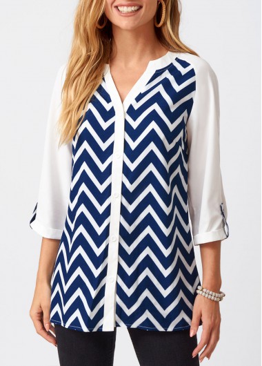 Modlily Split Neck Chevron Print Three Quarters Sleeve Blouse - M